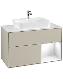 Villeroy und Boch Finion Villeroy und Boch G371GFHH 100cm, plaque de recouvrement blanc mat, Emotion, étagère à droite Laque blanc brillant, Sand Matt Lacquer