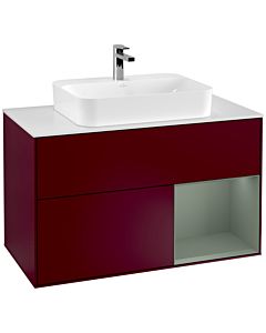 Villeroy und Boch Finion Waschtischunterschrank G371GMHB 100cm, Abdeckplatte white matt, Emotion, Regal rechts Olive Matt Lacquer, Peony Matt