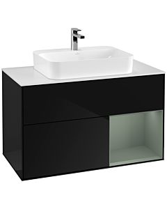 Villeroy und Boch Finion Waschtischunterschrank G371GMPH 100cm, Abdeckplatte white matt, Emotion, Regal rechts Olive Matt Lacquer, Glossy Black Lacquer