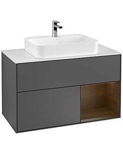Villeroy und Boch Finion Waschtischunterschrank G371GNGK 100cm, Abdeckplatte white matt, Emotion, Regal rechts Walnut veneer, Anthracite matt