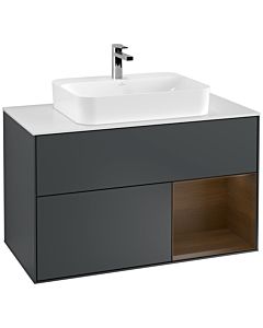 Villeroy und Boch Finion Waschtischunterschrank G371GNHG 100cm, Abdeckplatte white matt, Emotion, Regal rechts Walnut veneer, Midnight Blue Matt Lacquer