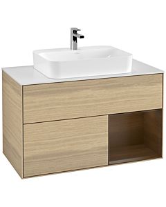 Villeroy und Boch Finion Waschtischunterschrank G371GNPC 100cm, Abdeckplatte white matt, Emotion, Regal rechts Walnut veneer, Oak Veneer