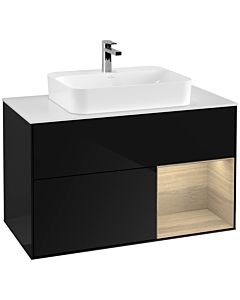 Villeroy und Boch Finion Waschtischunterschrank G371PCPH 100cm, Abdeckplatte white matt, Emotion, Regal rechts Oak Veneer, Glossy Black Lacquer