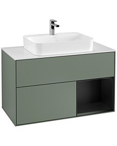 Villeroy und Boch Finion Waschtischunterschrank G371PDGM 100cm, Abdeckplatte white matt, Emotion, Regal rechts Black matt lacquer, Olive Matt Lacquer