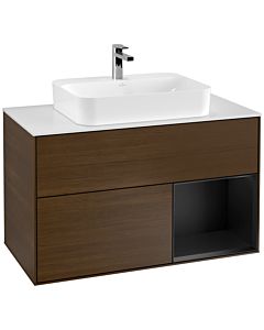 Villeroy und Boch Finion Villeroy und Boch G371PDGN 100cm, plaque de recouvrement blanc mat, émotion, étagère à droite laqué noir mat, placage noyer