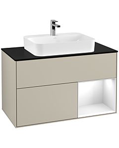 Villeroy und Boch Finion Villeroy und Boch G372GFHH 100cm, plaque de finition noir mat, Emotion, étagère à droite Laque blanc brillant, Sand Matt Lacquer