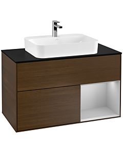 Villeroy und Boch Finion Waschtischunterschrank G372GJGN 100cm, Abdeckplatte black matt, Emotion, Regal rechts Light grey matt, Walnut veneer
