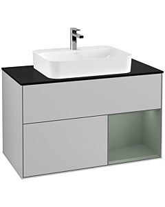Villeroy und Boch Finion Waschtischunterschrank G372GMGJ 100cm, Abdeckplatte black matt, Emotion, Regal rechts Olive Matt Lacquer, Light grey matt