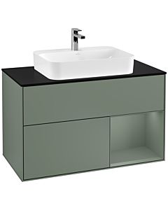 Villeroy und Boch Finion Waschtischunterschrank G372GMGM 100cm, Abdeckplatte black matt, Emotion, Regal rechts Olive Matt Lacquer, Olive Matt Lacquer