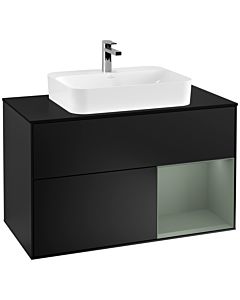 Villeroy und Boch Finion Waschtischunterschrank G372GMPD 100cm, Abdeckplatte black matt, Emotion, Regal rechts Olive Matt Lacquer, Black matt lacquer