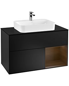 Villeroy und Boch Finion Waschtischunterschrank G372GNPD 100cm, Abdeckplatte black matt, Emotion, Regal rechts Walnut veneer, Black matt lacquer