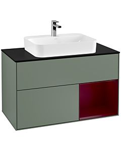 Villeroy und Boch Finion Waschtischunterschrank G372HBGM 100cm, Abdeckplatte black matt, Emotion, Regal rechts Peony, Olive Matt Lacquer