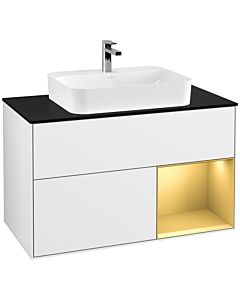 Villeroy und Boch Finion Villeroy und Boch G372HFGF 100cm, plaque de finition noir mat, Emotion, étagère à droite or mat, Laque blanc brillant