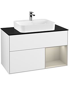 Villeroy und Boch Finion Waschtischunterschrank G372HHGF 100cm, Abdeckplatte black matt, Emotion, Regal rechts Sand Matt, Glossy white lacquer