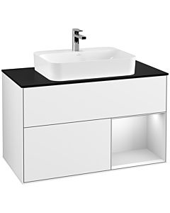 Villeroy und Boch Finion Villeroy und Boch G372MTGF 100cm, plaque de finition noir mat, Emotion, étagère à droite laqué blanc mat, laqué blanc brillant
