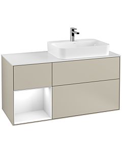 Villeroy und Boch Finion Waschtischunterschrank G391GFHH 120cm, Abdeckplatte white matt, Emotion, Regal links Glossy white lacquer, Sand Matt Lacquer