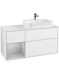 Villeroy und Boch Finion Waschtischunterschrank G391GJGF 120cm, Abdeckplatte white matt, Emotion, Regal links Light grey matt, Glossy white lacquer