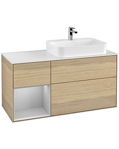 Villeroy und Boch Finion Waschtischunterschrank G391GJPC 120cm, Abdeckplatte white matt, Emotion, Regal links Light grey matt, Oak Veneer