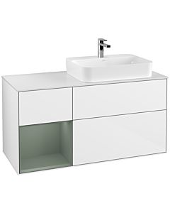 Villeroy und Boch Finion Waschtischunterschrank G391GMGF 120cm, Abdeckplatte white matt, Emotion, Regal links Olive Matt Lacquer, Glossy white lacquer