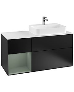Villeroy und Boch Finion Waschtischunterschrank G391GMPD 120cm, Abdeckplatte white matt, Emotion, Regal links Olive Matt Lacquer, Black matt lacquer