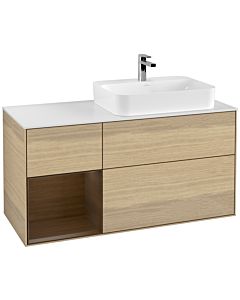 Villeroy und Boch Finion Waschtischunterschrank G391GNPC 120cm, Abdeckplatte white matt, Emotion, Regal links Walnut veneer, Oak Veneer