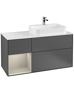 Villeroy und Boch Finion Waschtischunterschrank G391HHGK 120cm, Abdeckplatte white matt, Emotion, Regal links Sand Matt Lacquer, Anthracite matt