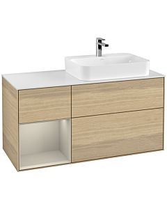 Villeroy und Boch Finion Waschtischunterschrank G391HHPC 120cm, Abdeckplatte white matt, Emotion, Regal links Sand Matt Lacquer, Oak Veneer