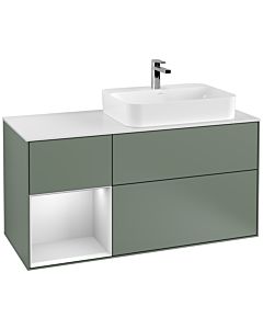 Villeroy und Boch Finion Waschtischunterschrank G391MTGM 120cm, Abdeckplatte white matt, Emotion, Regal links White matt lacquer, Olive Matt Lacquer
