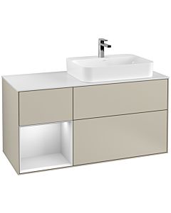 Villeroy und Boch Finion Waschtischunterschrank G391MTHH 120cm, Abdeckplatte white matt, Emotion, Regal links White matt lacquer, Sand Matt Lacquer