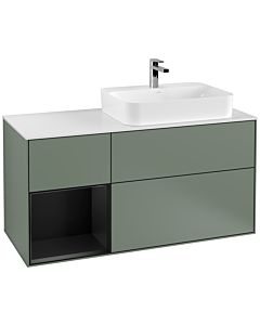 Villeroy und Boch Finion Villeroy und Boch G391PDGM 120cm, plaque de finition blanc mat, Emotion, étagère gauche laqué noir mat, Olive Matt Lacquer