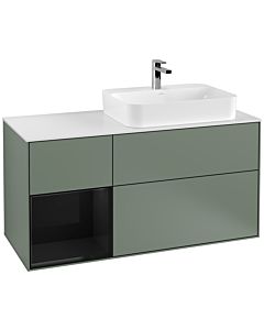 Villeroy und Boch Finion Waschtischunterschrank G391PHGM 120cm, Abdeckplatte white matt, Emotion, Regal links Glossy Black Lacquer, Olive Matt Lacquer