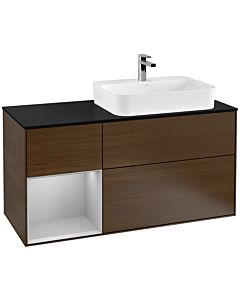 Villeroy und Boch Finion Waschtischunterschrank G392GJGN 120cm, Abdeckplatte black matt, Emotion, Regal links Light grey matt, Walnut veneer