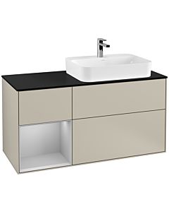 Villeroy und Boch Finion Waschtischunterschrank G392GJHH 120cm, Abdeckplatte black matt, Emotion, Regal links Light grey matt, Sand Matt Lacquer
