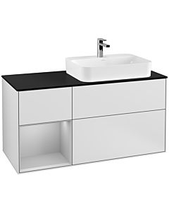 Villeroy und Boch Finion Waschtischunterschrank G392GJMT 120cm, Abdeckplatte black matt, Emotion, Regal links Light grey matt, White matt lacquer