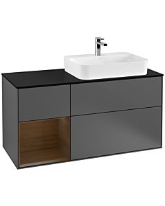 Villeroy und Boch Finion Waschtischunterschrank G392GNGK 120cm, Abdeckplatte black matt, Emotion, Regal links Walnut veneer, Anthracite matt