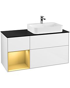 Villeroy und Boch Finion Villeroy und Boch G392HFGF 120cm, plaque de finition noir mat, Emotion, étagère gauche or mat, laqué blanc brillant