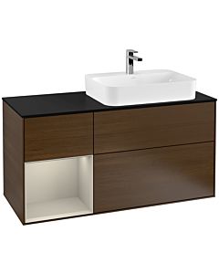 Villeroy und Boch Finion Waschtischunterschrank G392HHGN 120cm, Abdeckplatte black matt, Emotion, Regal links Sand Matt Lacquer, Walnut veneer