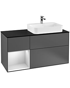 Villeroy und Boch Finion Waschtischunterschrank G392MTGK 120cm, Abdeckplatte black matt, Emotion, Regal links White matt lacquer, Anthracite matt