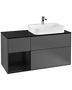 Villeroy und Boch Finion Waschtischunterschrank G392PHGK 120cm, Abdeckplatte black matt, Emotion, Regal links Glossy Black Lacquer, Anthracite matt