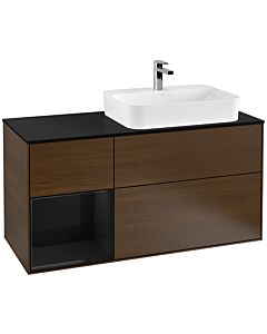 Villeroy und Boch Finion Waschtischunterschrank G392PHGN 120cm, Abdeckplatte black matt, Emotion, Regal links Glossy Black Lacquer, Walnut veneer