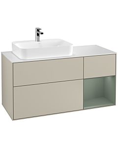 Villeroy und Boch Finion Waschtischunterschrank G401GMHH 120cm, Abdeckplatte white matt, Emotion, Regal rechts Olive Matt Lacquer, Sand Matt Lacquer