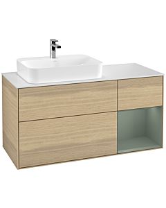 Villeroy und Boch Finion Waschtischunterschrank G401GMPC 120cm, Abdeckplatte white matt, Emotion, Regal rechts Olive Matt Lacquer, Oak Veneer