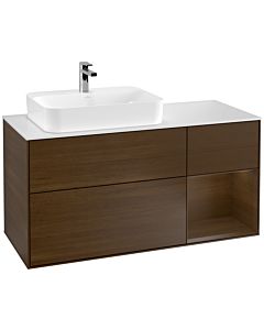 Villeroy und Boch Finion Waschtischunterschrank G401GNGN 120cm, Abdeckplatte white matt, Emotion, Regal rechts Walnut veneer, Walnut veneer