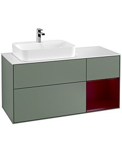 Villeroy und Boch Finion Waschtischunterschrank G401HBGM 120cm, Abdeckplatte white matt, Emotion, Regal rechts Peony, Olive Matt Lacquer