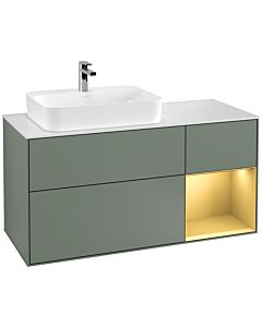 Villeroy und Boch Finion Waschtischunterschrank G401HFGM 120cm, Abdeckplatte white matt, Emotion, Regal rechts Gold matt, Olive Matt Lacquer