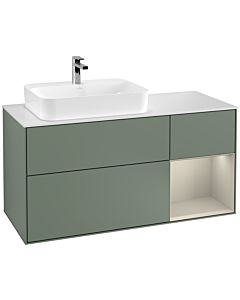 Villeroy und Boch Finion Waschtischunterschrank G401HHGM 120cm, Abdeckplatte white matt, Emotion, Regal rechts Sand Matt, Olive Matt Lacquer