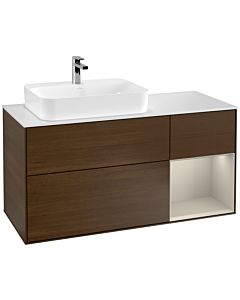 Villeroy und Boch Finion Waschtischunterschrank G401HHGN 120cm, Abdeckplatte white matt, Emotion, Regal rechts Sand Matt, Walnut veneer