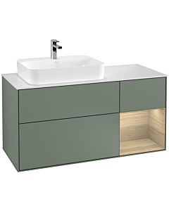 Villeroy und Boch Finion Waschtischunterschrank G401PCGM 120cm, Abdeckplatte white matt, Emotion, Regal rechts Oak Veneer, Olive Matt Lacquer