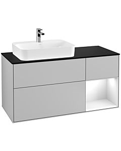 Villeroy und Boch Finion Waschtischunterschrank G402GFGJ 120cm, Abdeckplatte black matt, Emotion, Regal rechts Glossy white lacquer, Light grey matt