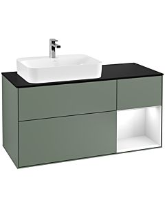 Villeroy und Boch Finion Waschtischunterschrank G402GFGM 120cm, Abdeckplatte black matt, Emotion, Regal rechts Glossy white lacquer, Olive Matt Lacquer